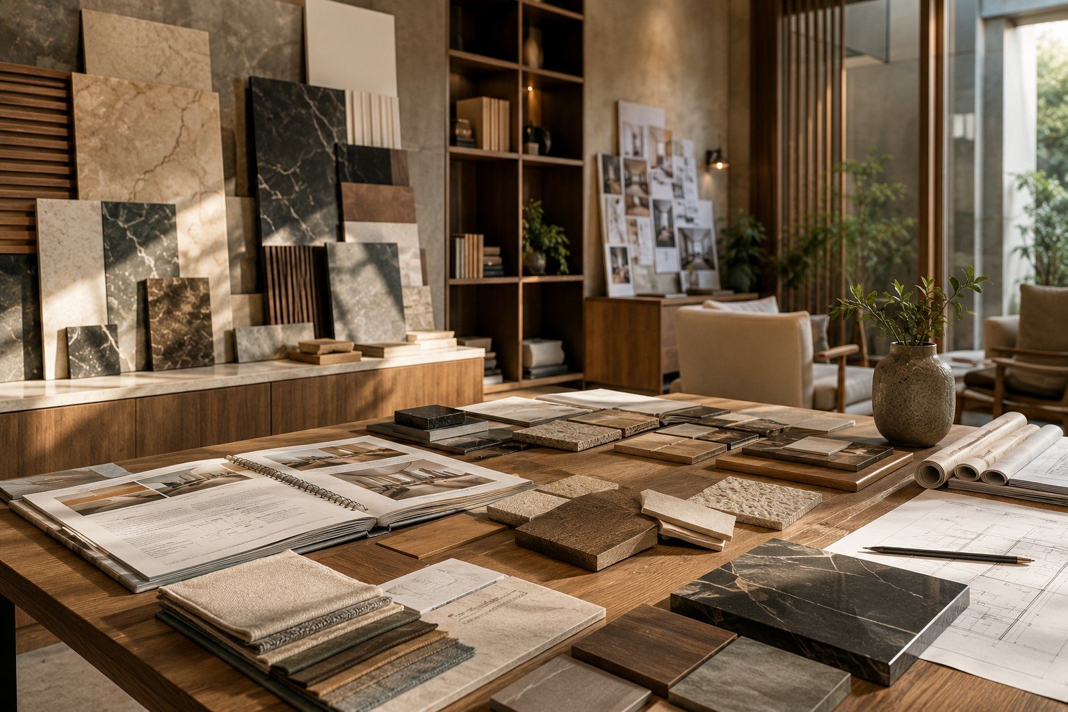Curated material and finish samples used in Anjaneya Interiors and Furniture design process, Coimbatore